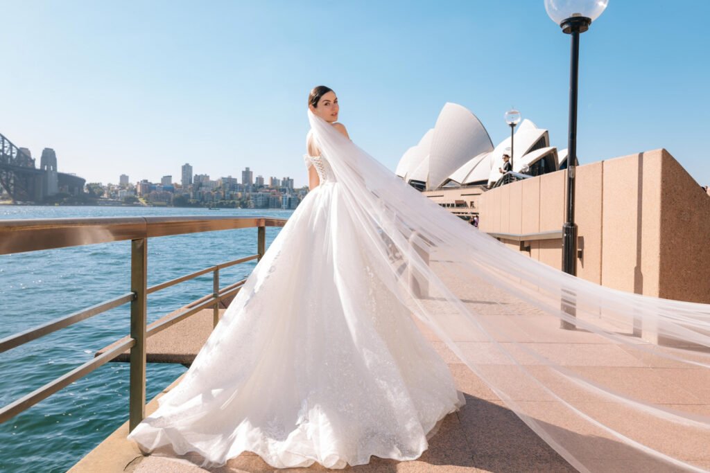 A model poses in a wedding dress